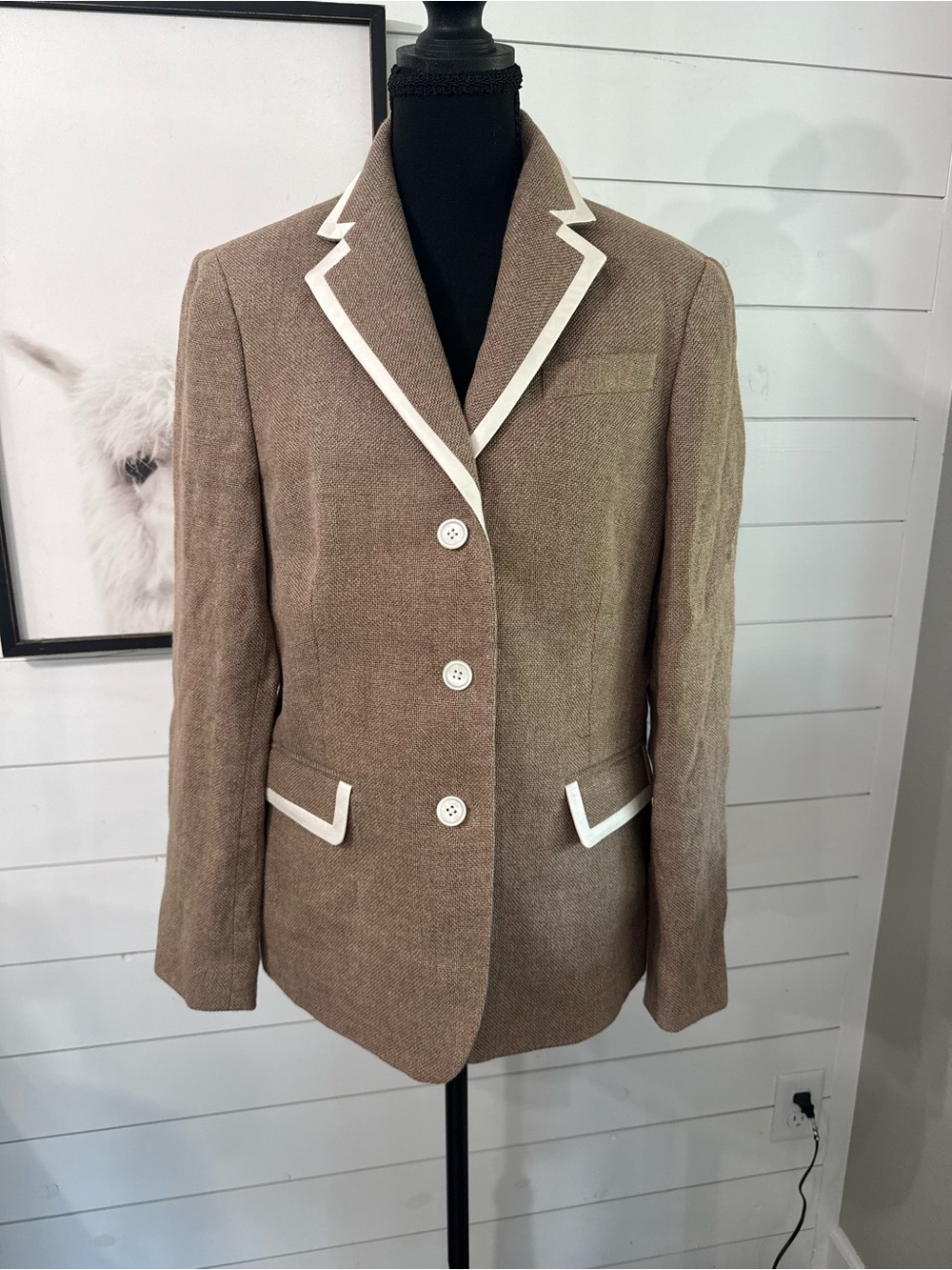 Brooks Brothers 346 Women's Beige White Linen Wool 3-Button Lined Blazer Size 12 - Picture 3 of 7